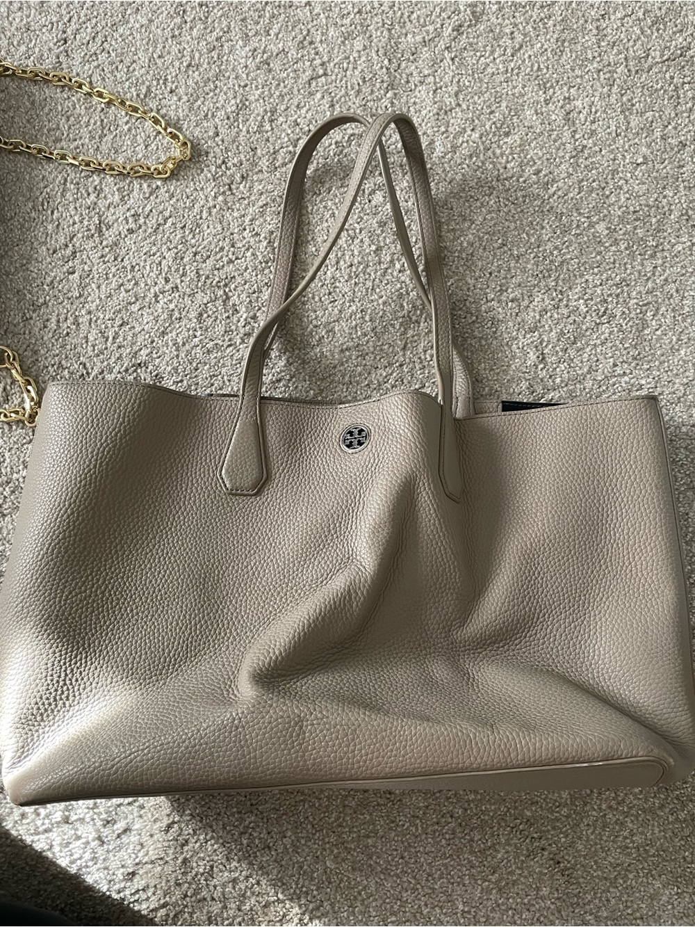 Tory Burch Taupe Pebbled Leather Double-Handle Tote